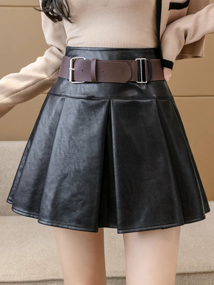 QOERLIN PU Leather Shorts Skirts with Belt Women Korean Fashion Side Zipper Pleated Skirts Streetwear Black Khaki Mini Skirts